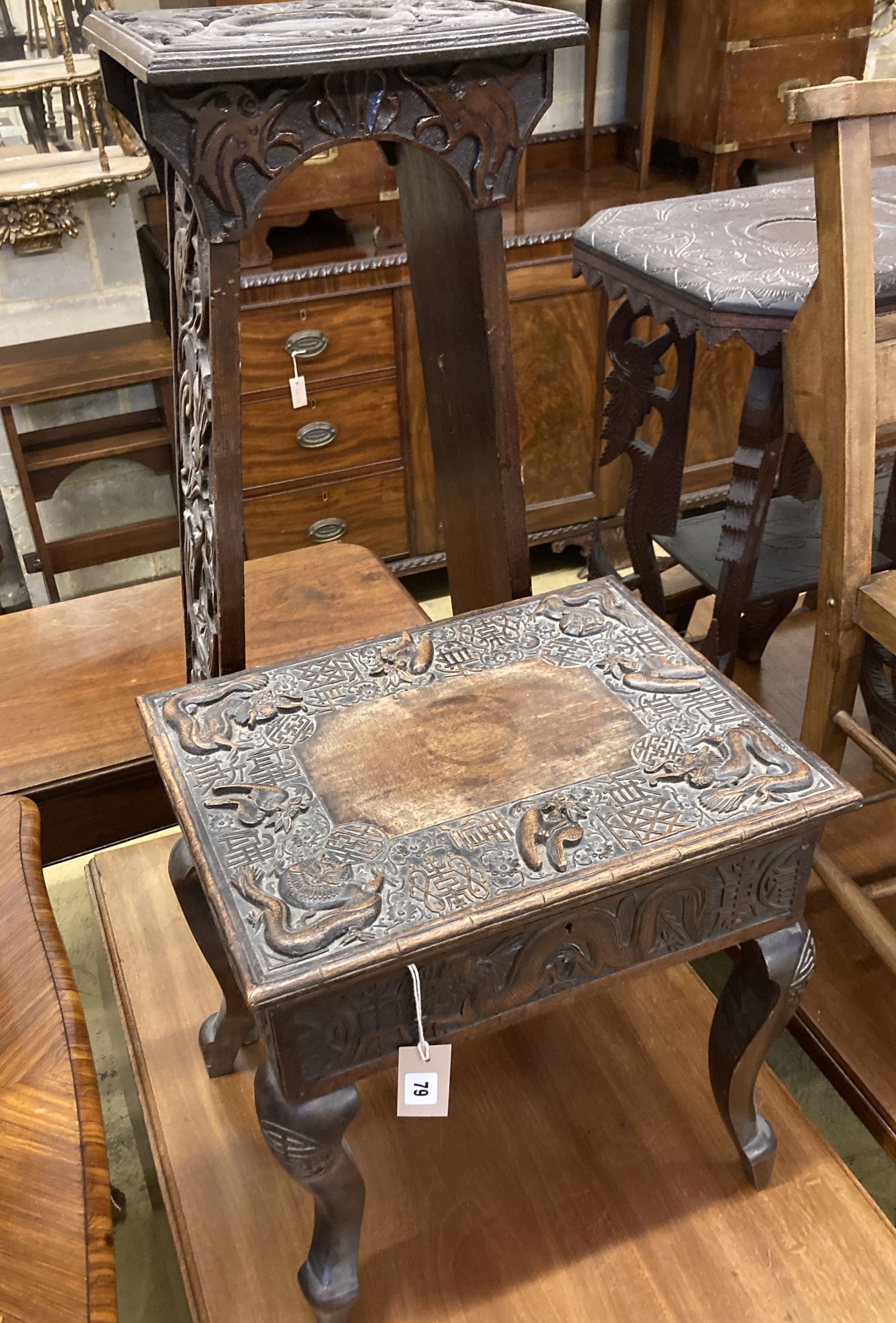 A Burmese carved box seat stool, width 44cm, depth 34cm, height 45cm and a similar two tier plant stand